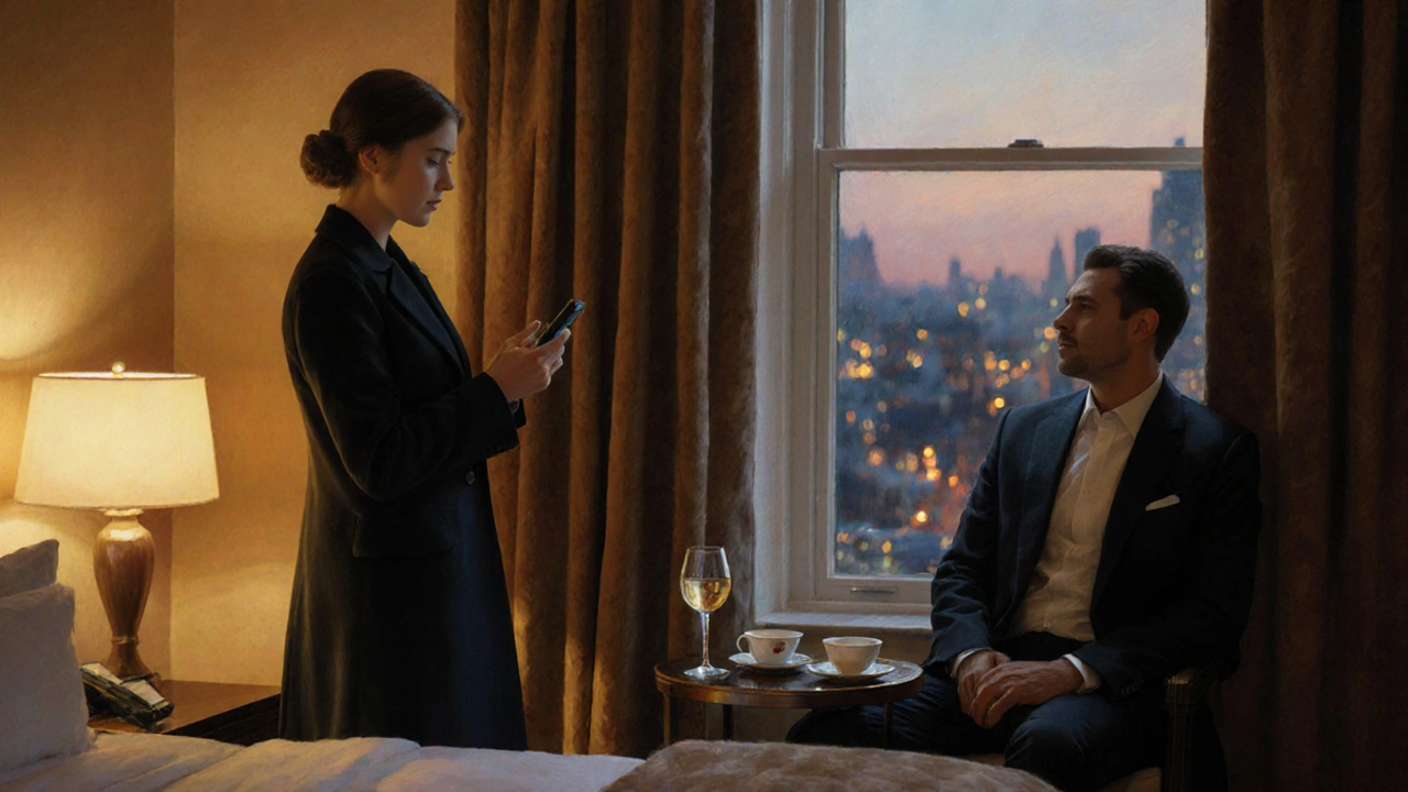A calm, intimate moment in a hotel room between a woman and client, sharing silence over tea and wine.