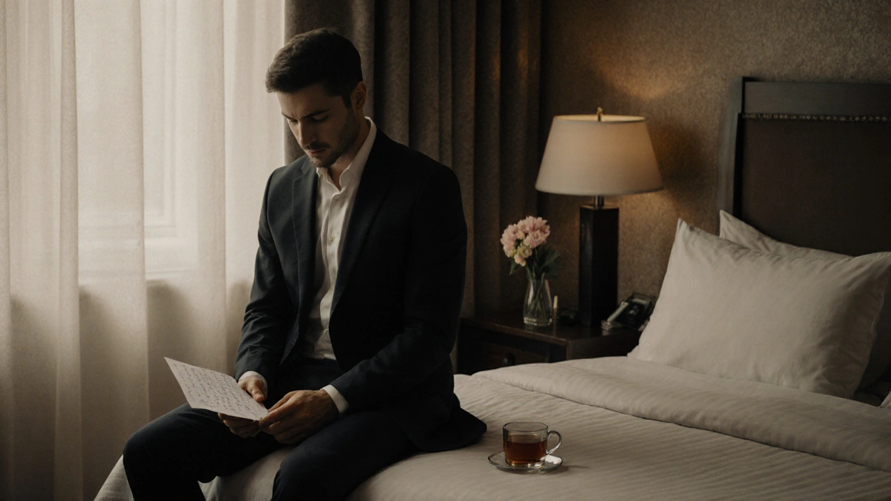 A man sitting alone in a quiet hotel room, holding a note, morning light streaming through curtains.