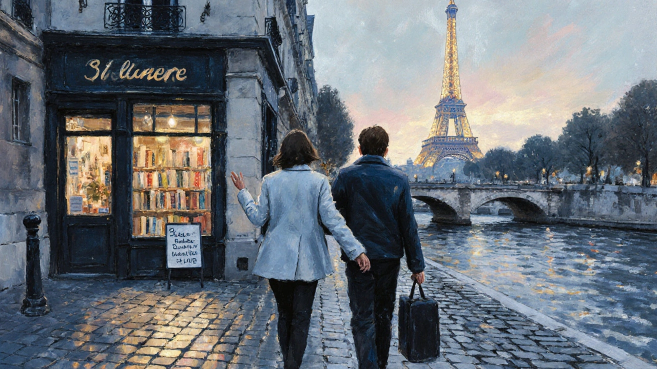 A woman and traveler walking along the Seine at dusk, passing a hidden bookshop.