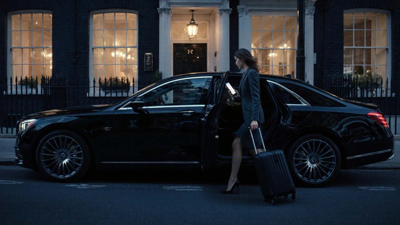 A woman stepping out of a black luxury car outside a discreet London townhouse at night.