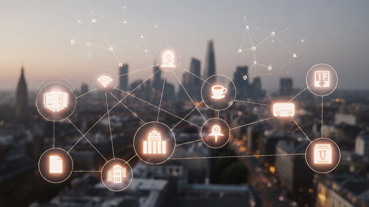 An abstract map of London showing hidden connections between independent escorts' safe spaces.
