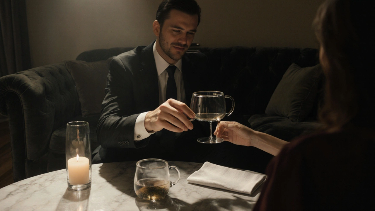 An escort offers tea to a client in a quiet, candlelit room after a session, conveying calm emotional aftercare.