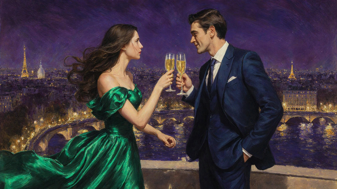 Champagne toast on a rooftop bar with Paris skyline in the background.