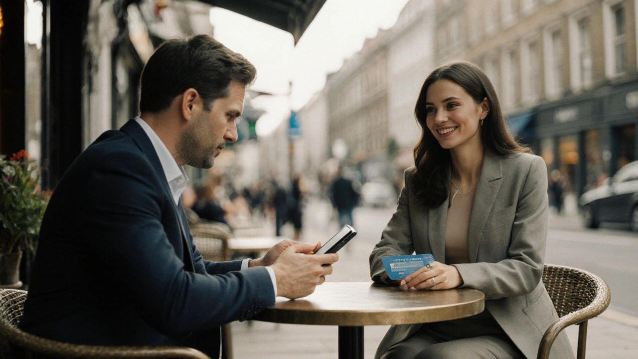 Client and escort meeting briefly in a quiet café, emphasizing safety and discretion.
