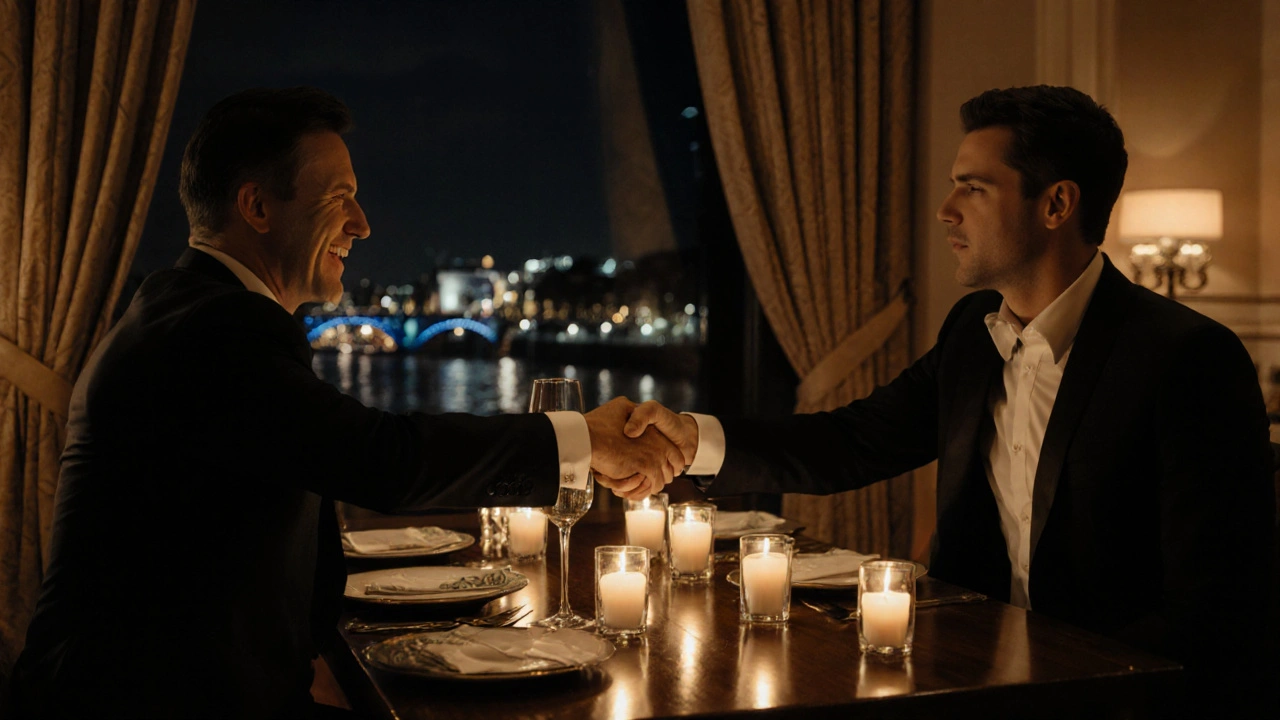 Client and escort shaking hands after dinner, surrounded by soft candlelight.