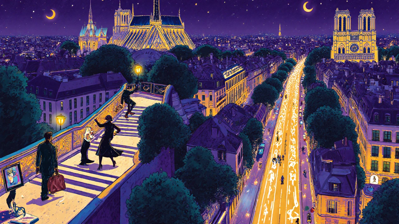 Colorful collage of Paris landmarks with a stylish escort guiding a night out.