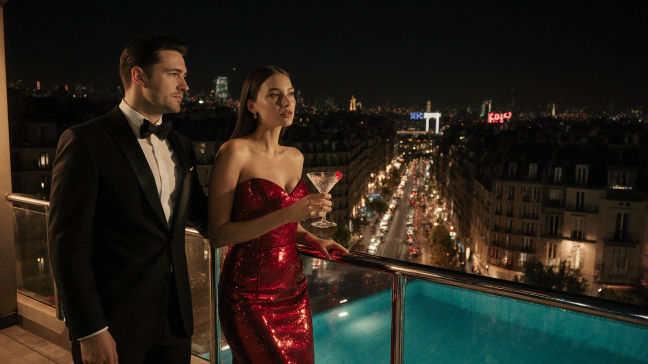 Companion in red dress and gentleman in tuxedo on a rooftop bar overlooking Paris.