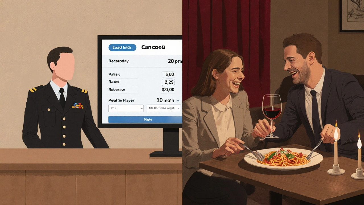 Contrasting scenes: formal agency booking desk versus a warm, personal evening in a cozy flat.