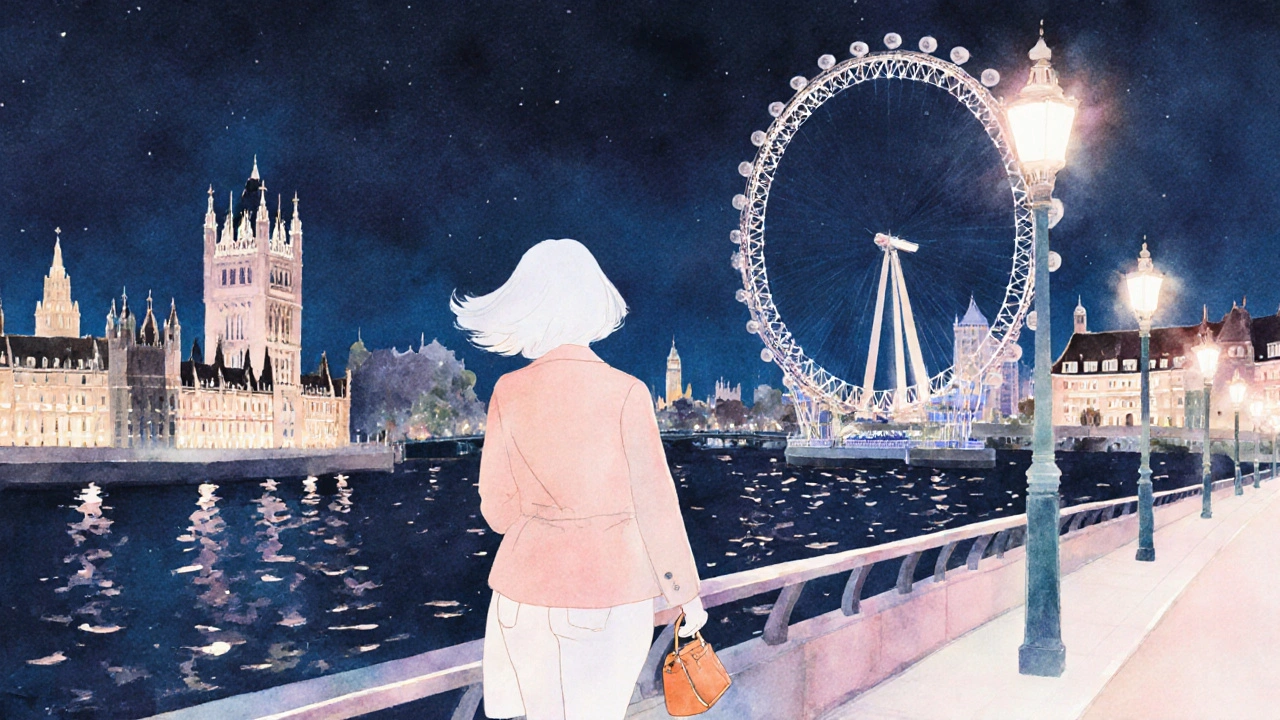 Curvy woman walks along the Thames at night, city lights reflecting on the water.