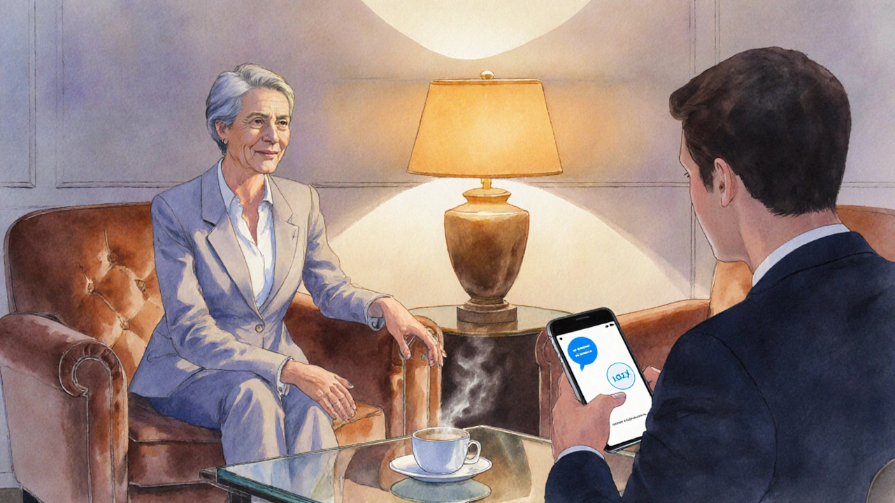 Discreet mature companion greeting a client in a quiet hotel lounge with soft lighting.