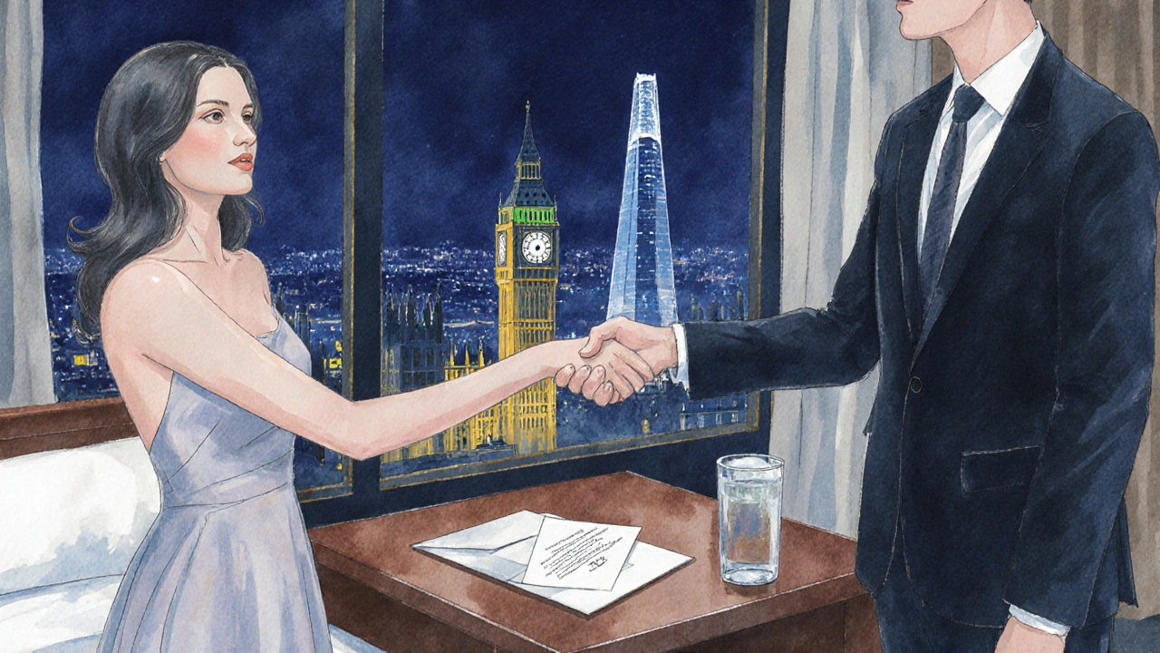 Discrete handshake between escort and client in a hotel suite with London skyline view.