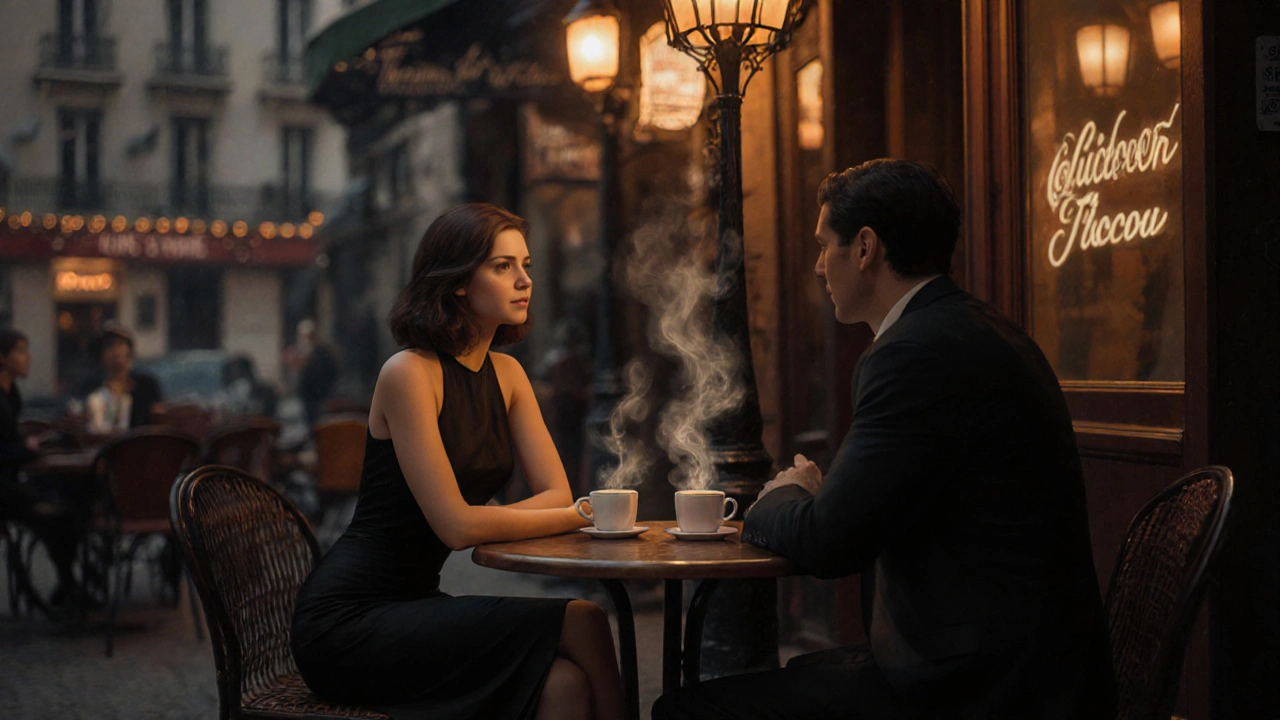 Elegant escort and gentleman conversing over coffee at a Le Marais café.