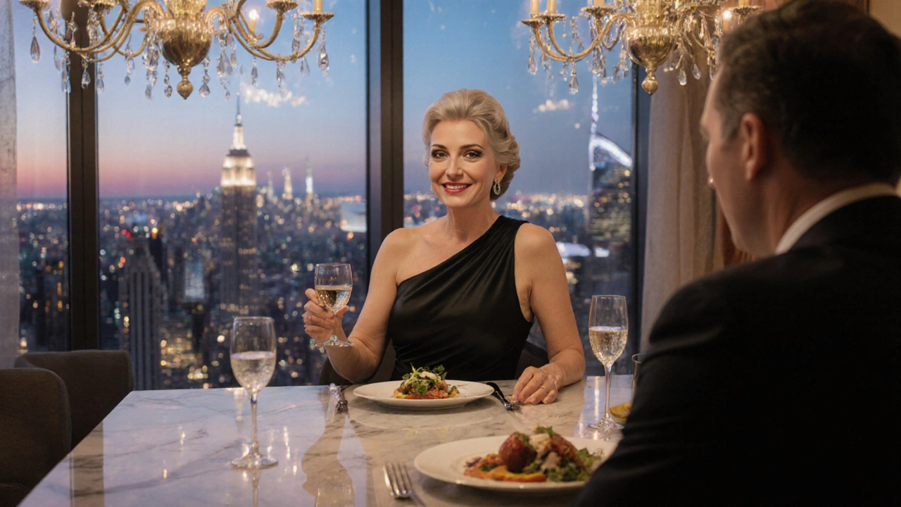 Elegant mature escort and client dining at a candlelit table with a city skyline at dusk.