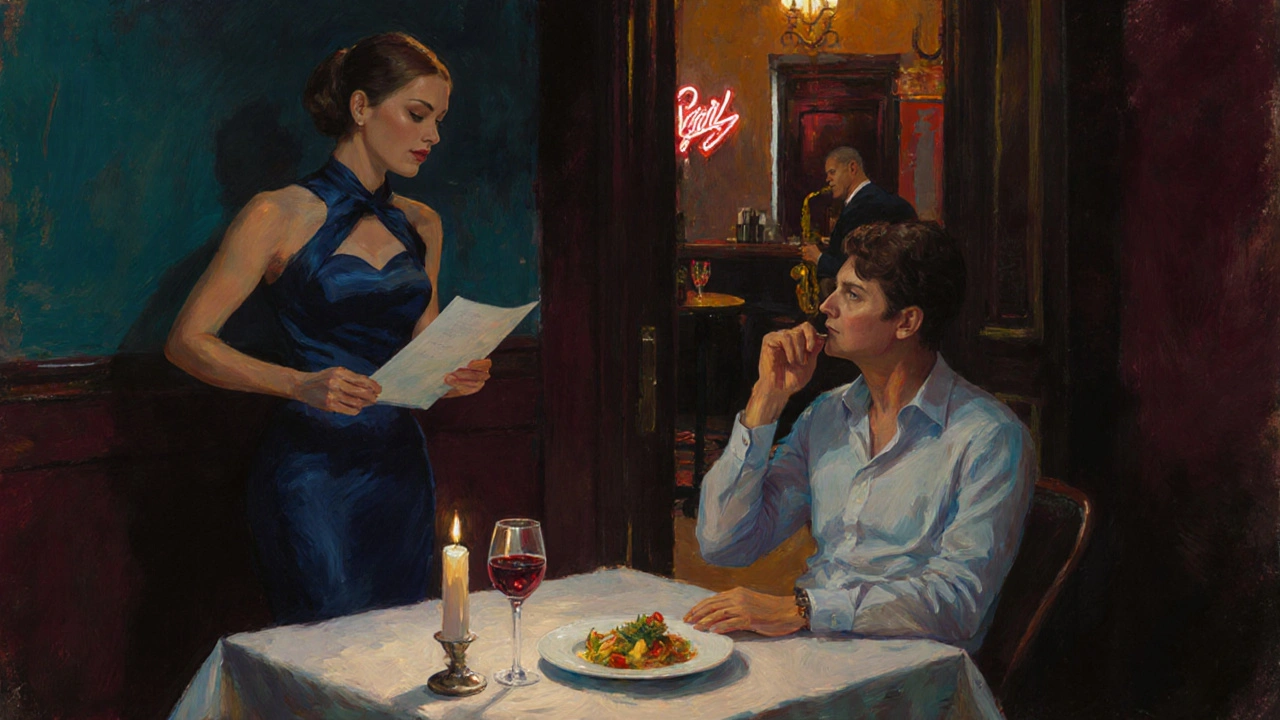 Escort and client enjoying a candlelit dinner in a Covent Garden restaurant.