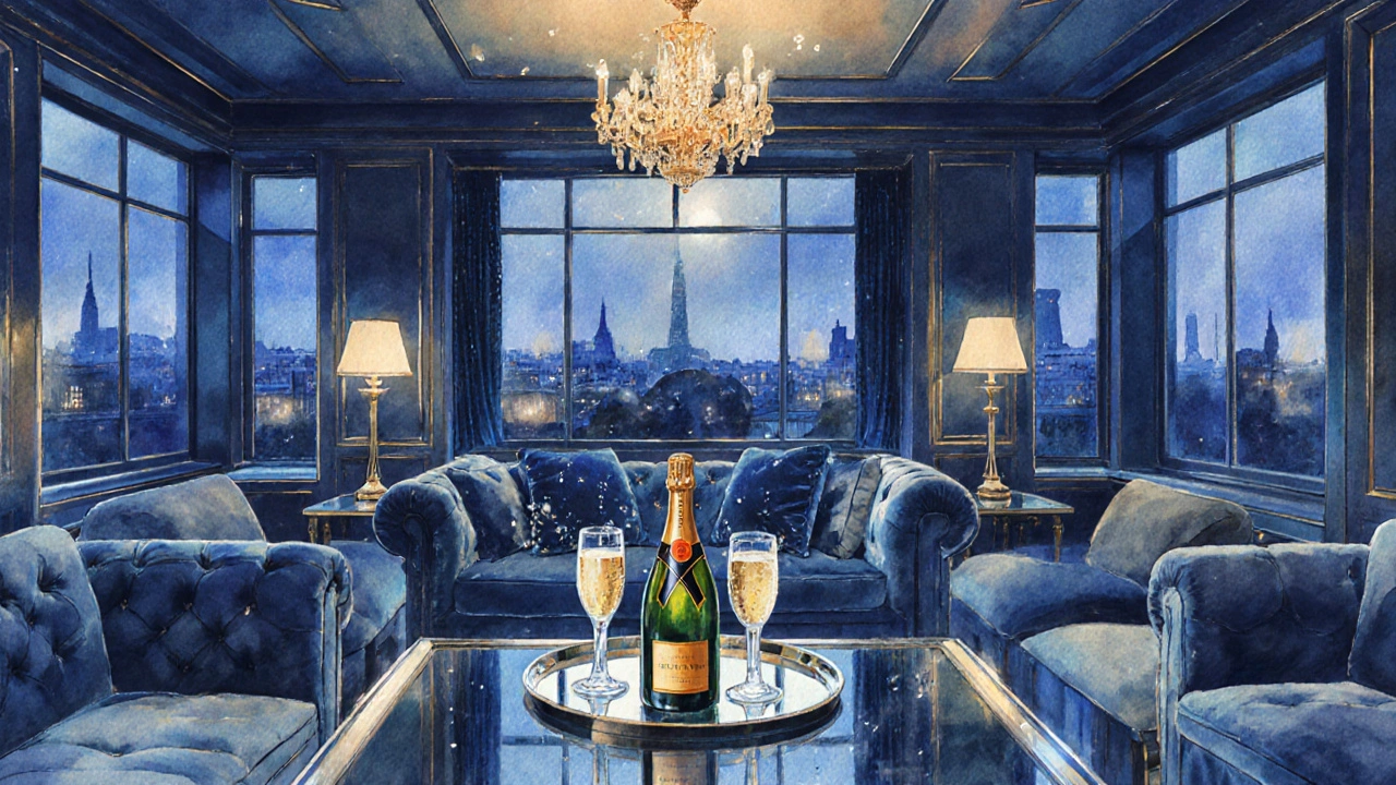Exclusive VIP lounge with champagne bottle, plush sofas, and night skyline view.