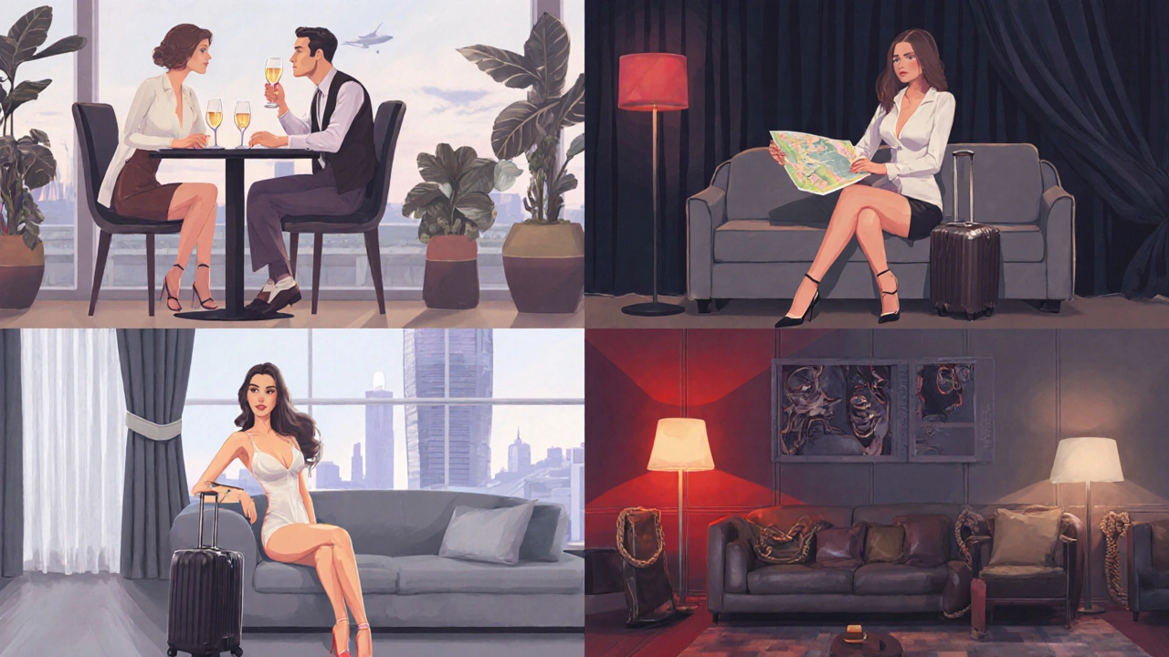 Four scene collage showing social, travel, intimate, and specialty escort settings.