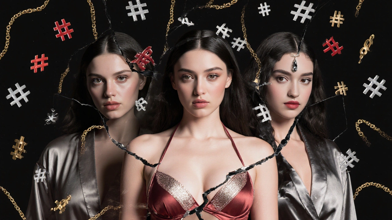 Fractured mirror reflecting three personas symbolizing fantasy, fame, and authenticity in escort services.