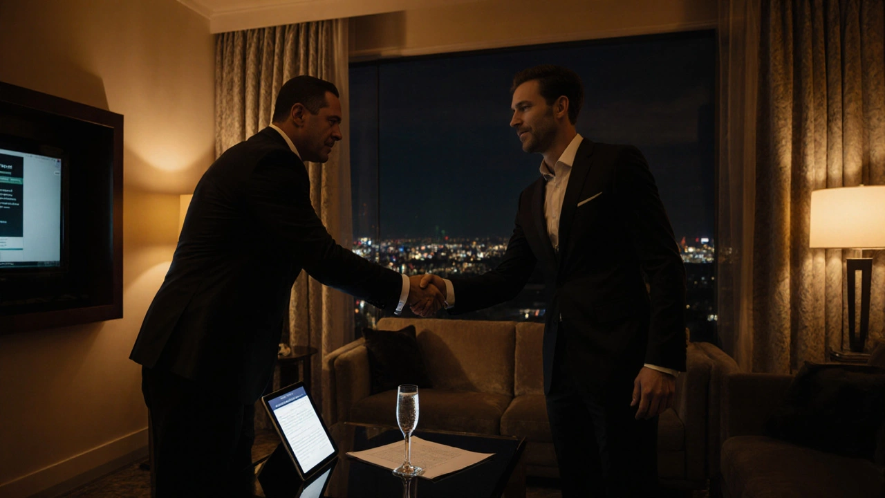 Hotel suite scene with a client and escort shaking hands, tablet showing booking app, and a contract on the table.