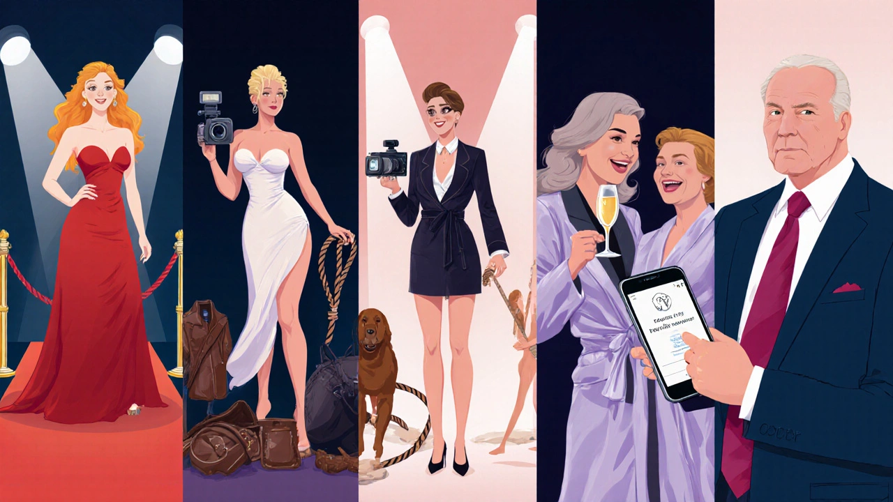 Illustrated panels showing various escort archetypes: mainstream star, indie artist, transgender performer, BDSM specialist, couple, MILF, and luxury companion.