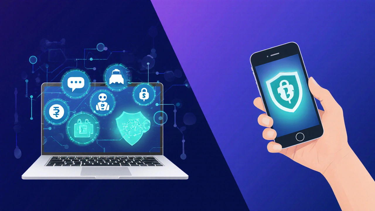 Illustration of laptop and phone showing AI chat, crypto wallet, and VPN icons.