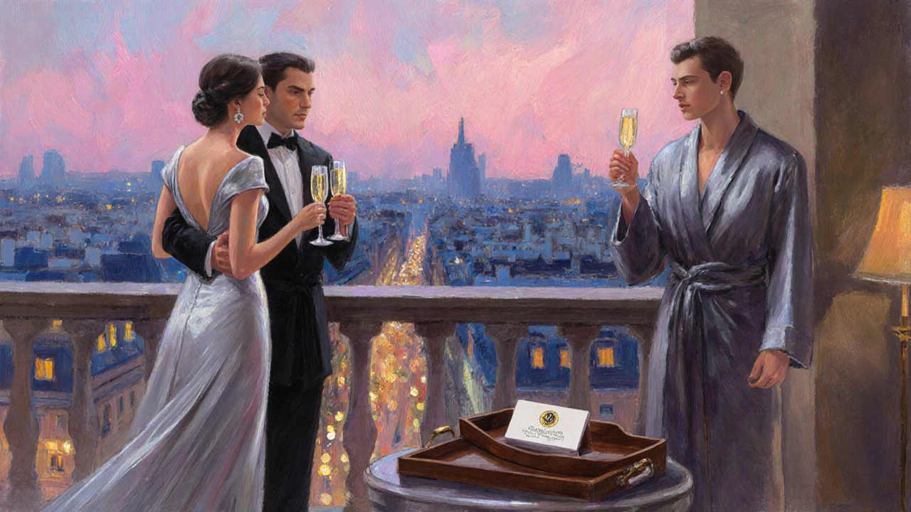 Impressionist painting of a hotel balcony with a companion, gentleman, and discreet business card.