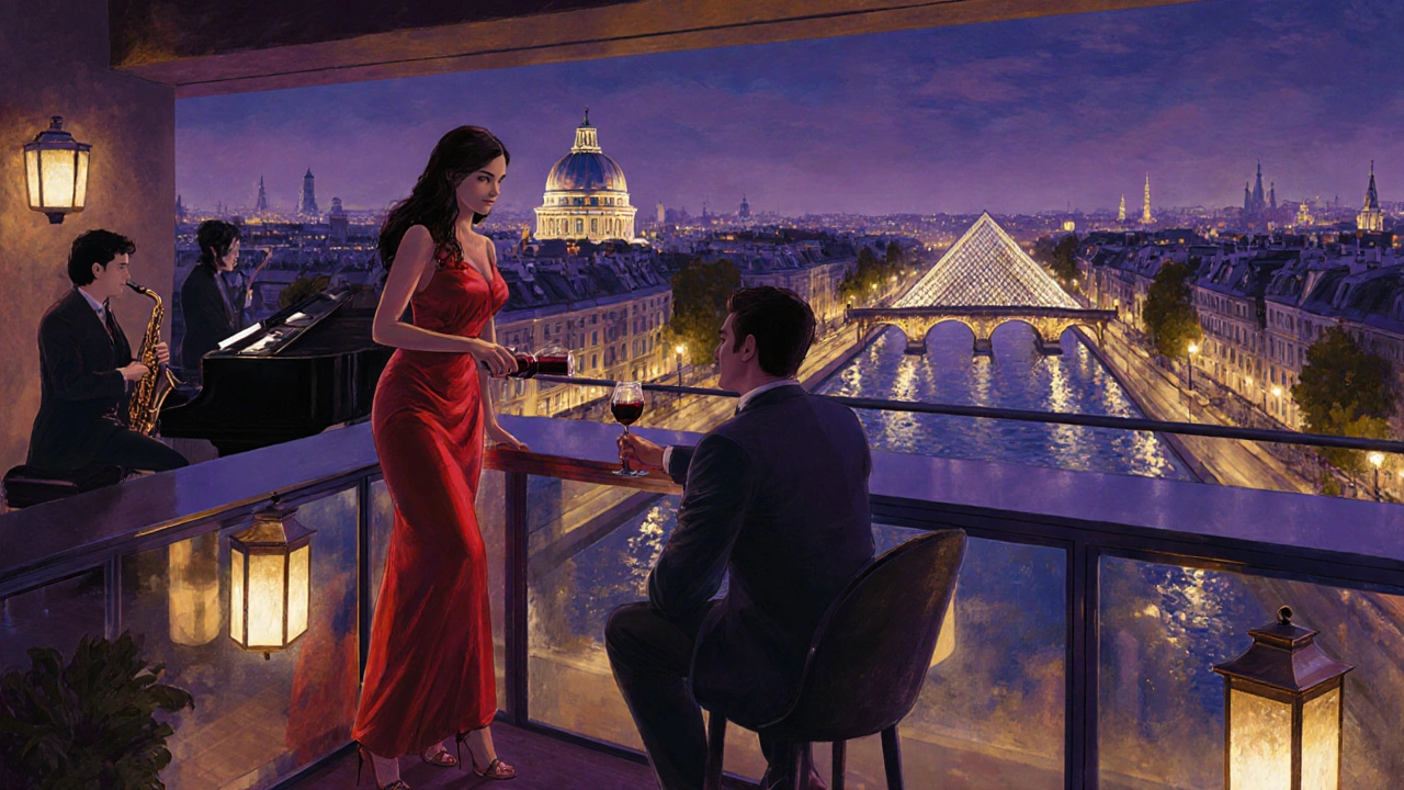 Impressionist rooftop lounge scene with a woman serving wine overlooking illuminated Paris.