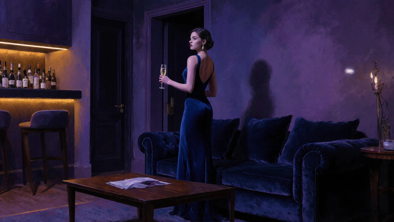 Luxurious late‑night lounge with a woman in a blue gown holding a champagne flute in soft lighting.