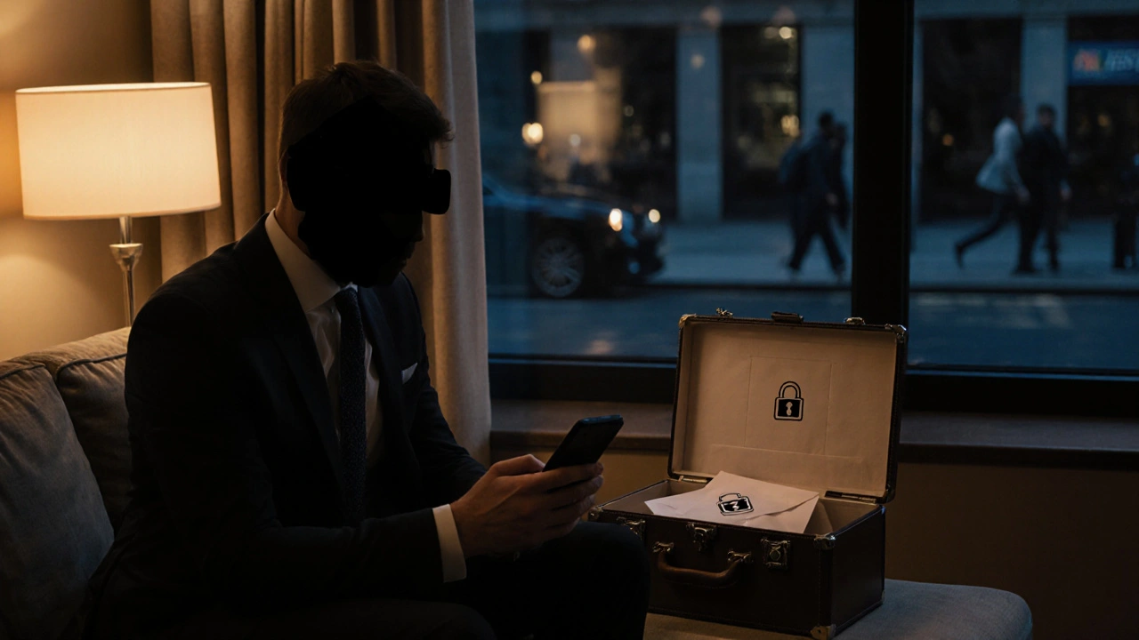 Man in a hotel suite using an encrypted phone, with a sealed envelope and briefcase nearby.