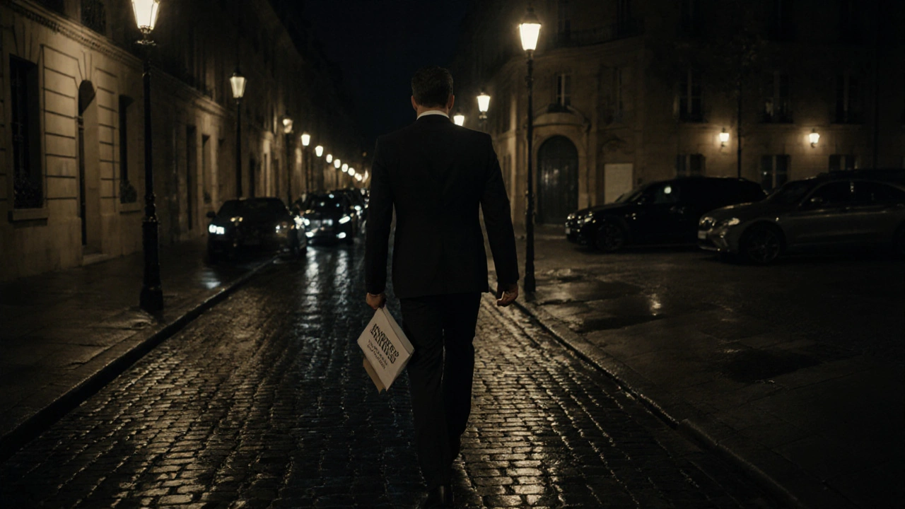 Man walking at night in Paris holding an envelope, shadows and streetlamps create a cinematic mood.