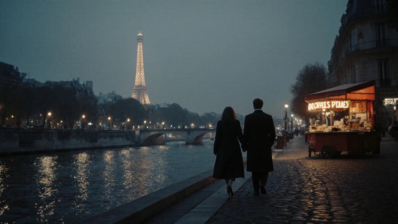 Silhouetted couple strolling along the Seine at night with the Eiffel Tower in the background.