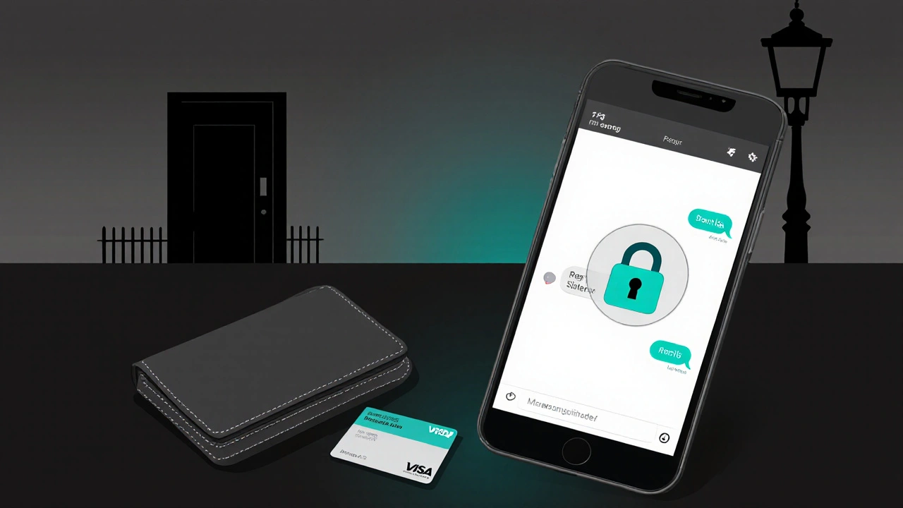 Smartphone with encrypted messaging app and lock icon next to wallet, showing discreet payment.