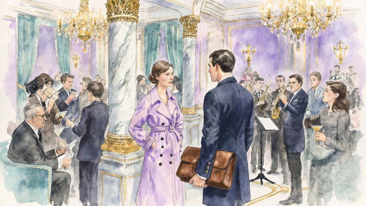 Stylish companion greeting a client in a luxurious Mayfair lounge filled with fashionable patrons.