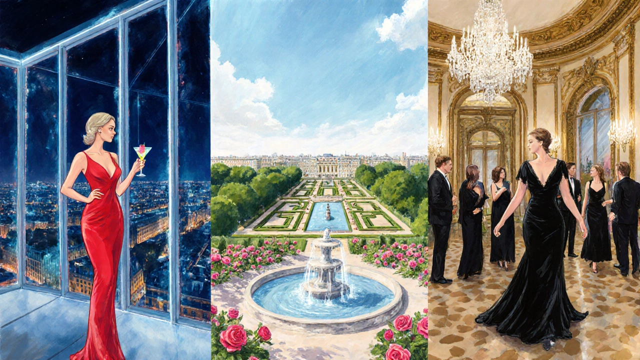 Three side‑by‑side vignettes showing a rooftop bar, a Versailles garden tour, and a gala dinner with a polished companion.
