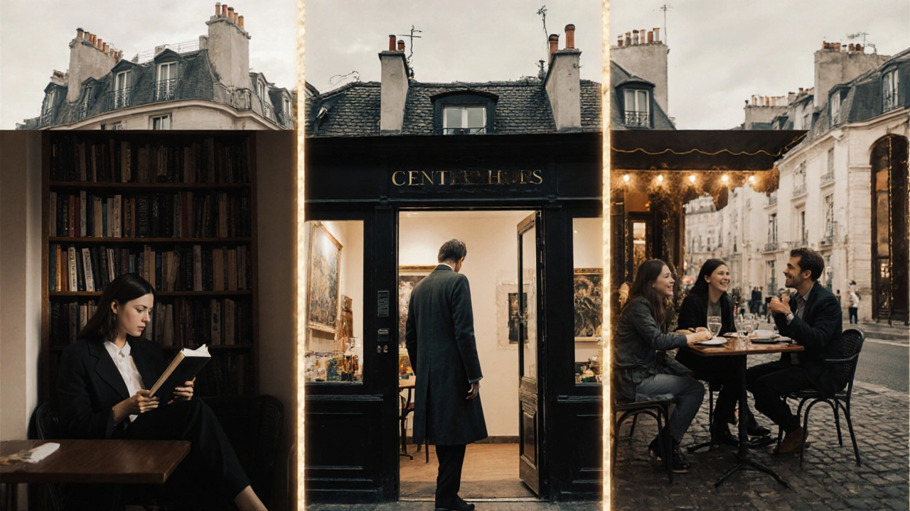 Three types of Paris companions in one scene: reader, gallery guest, and language partner.