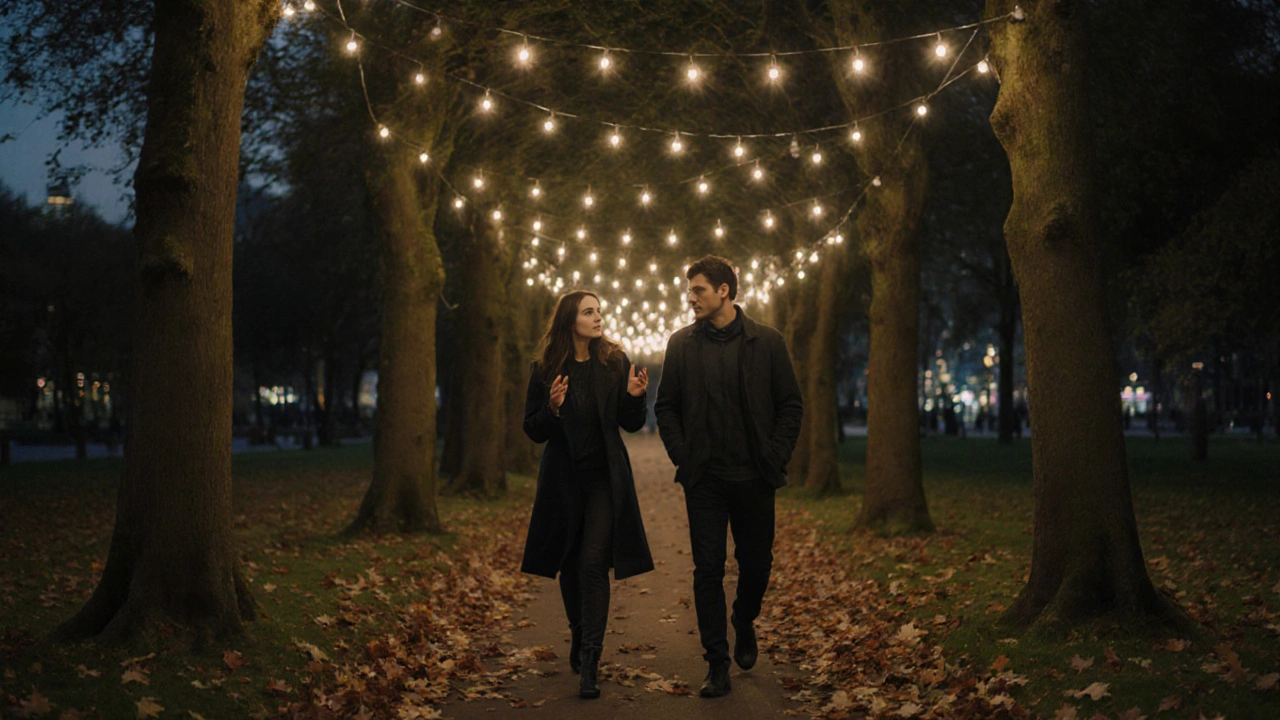 Two people walking peacefully through Regent’s Park at dusk, surrounded by autumn leaves and soft lights.