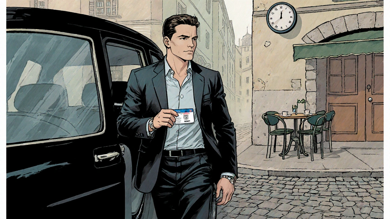 Well‑groomed escort arriving on time, holding verified ID near a café in London.