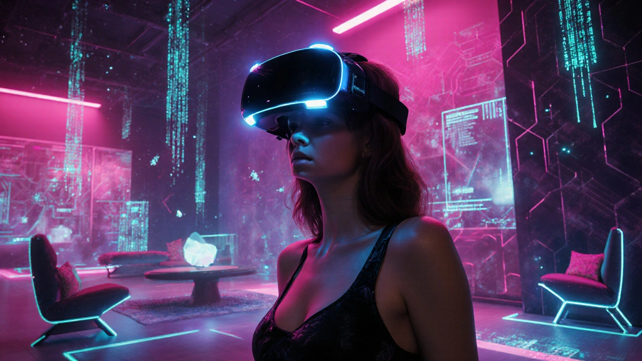 Woman in VR headset inside a neon‑lit futuristic loft.
