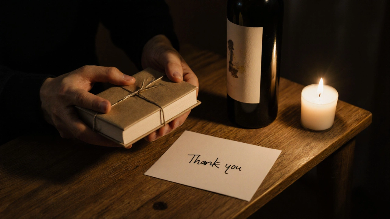 A book and wine placed on a table with a handwritten thank-you note, candlelight glowing softly.