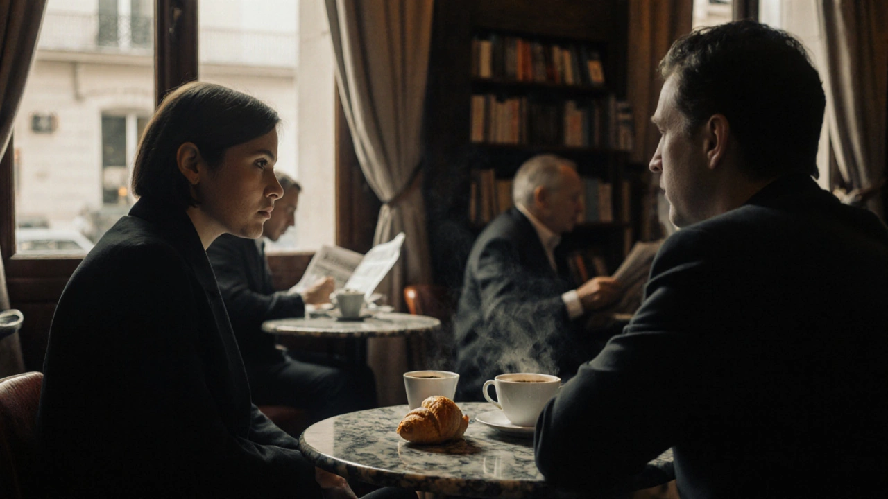 A calm café meeting in Paris 16 with coffee and a croissant, natural light and blurred locals creating an intimate, private moment.