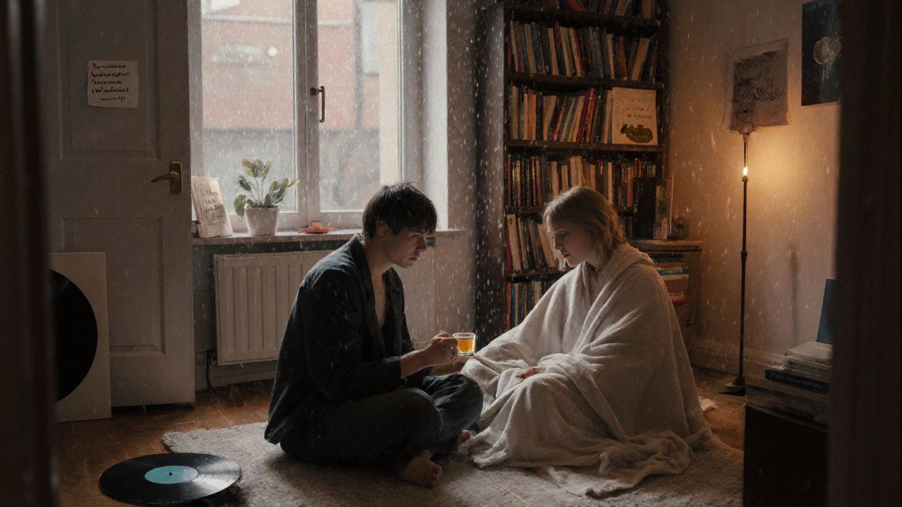 A calm companionship moment in a book-filled flat, someone offering tea with rain outside and a vinyl record playing.