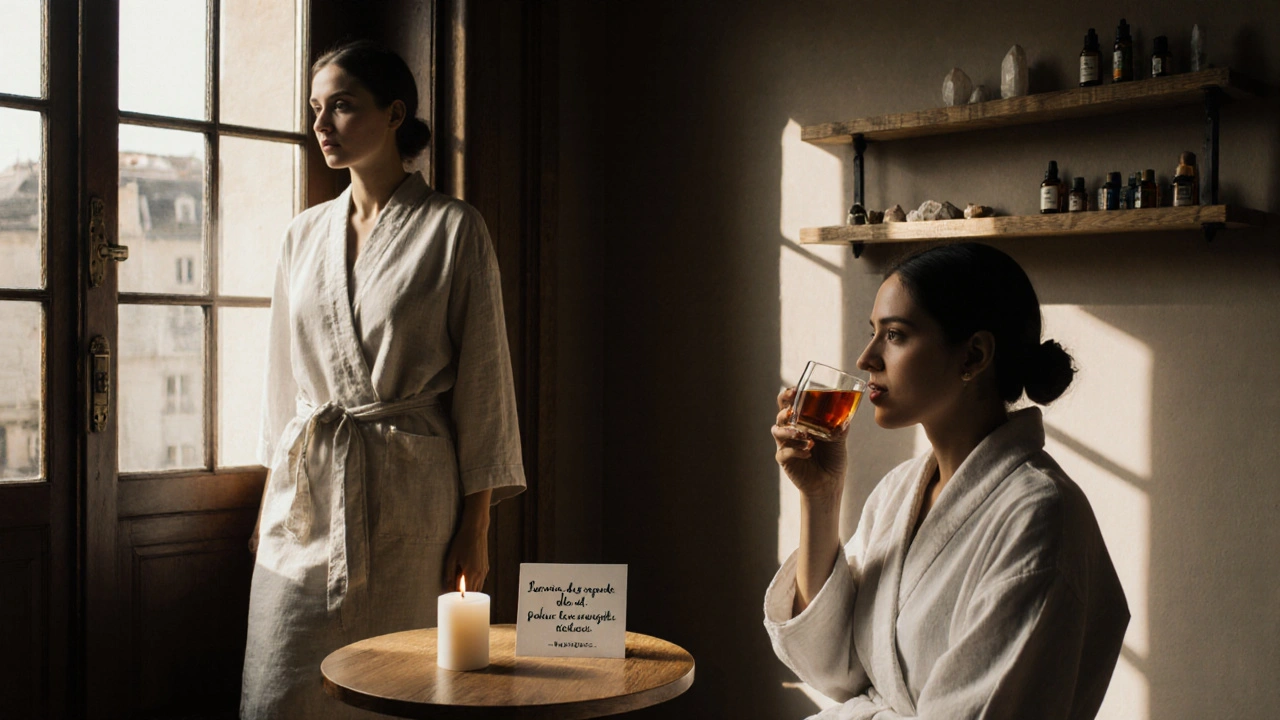A client sipping tea in silence after a massage, a handwritten note and candle on a wooden table in a calm Paris studio.