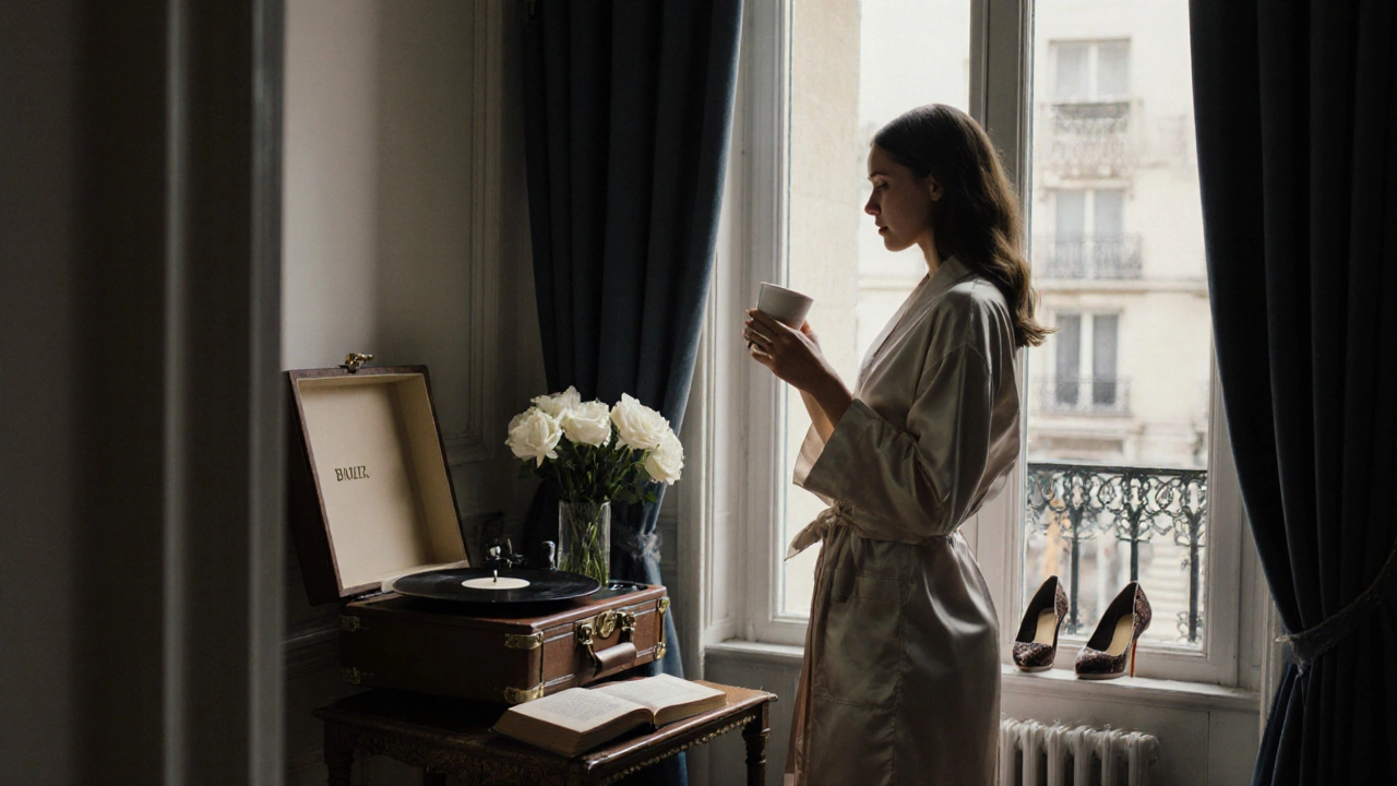 A confident woman in a silk robe stands by a hotel window in Saint-Germain, holding coffee, surrounded by elegant French decor.