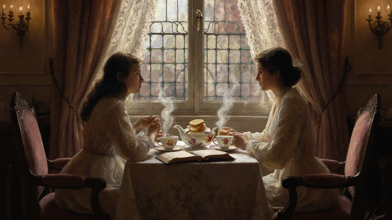 A couple enjoying tea with scones and poetry in a cozy, historic London townhouse.