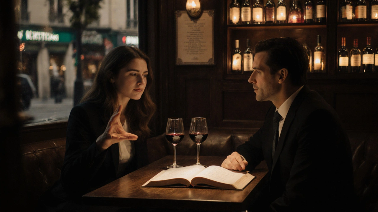 A couple enjoys wine and conversation in a quiet Le Marais wine bar with candlelight and books.