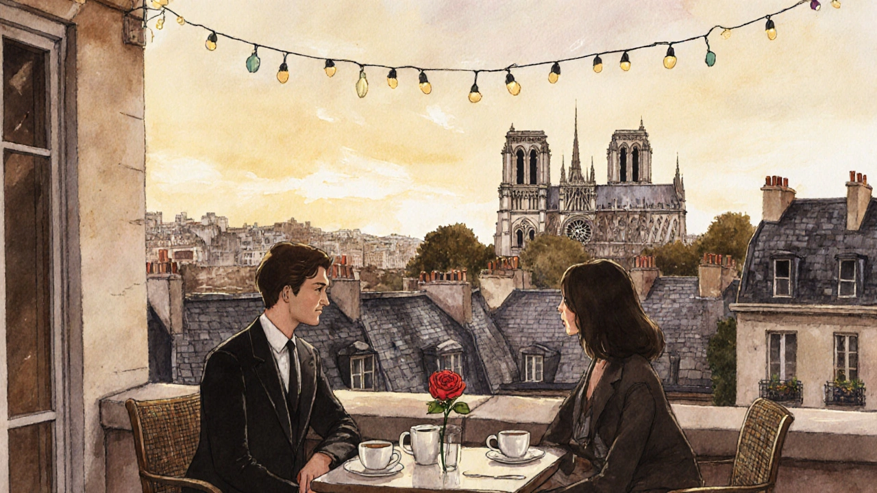A couple on a rooftop terrace in Montmartre at golden hour, sharing espresso with the Paris skyline behind them.
