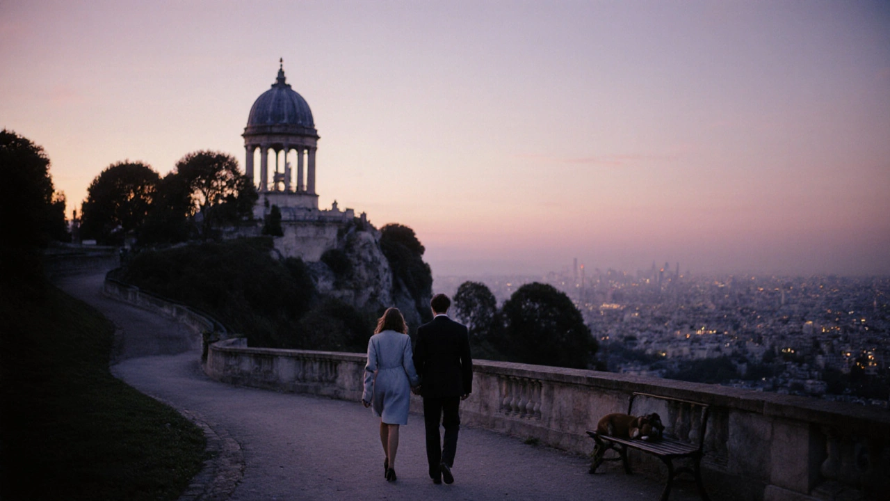 A couple walking hand-in-hand at sunset in Parc des Buttes-Chaumont, with a temple in the distance.