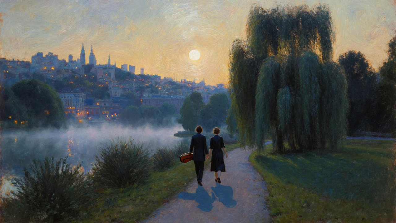 A couple walks hand in hand through Parc des Buttes-Chaumont at dusk, violin case in hand, mist rising from the lake.