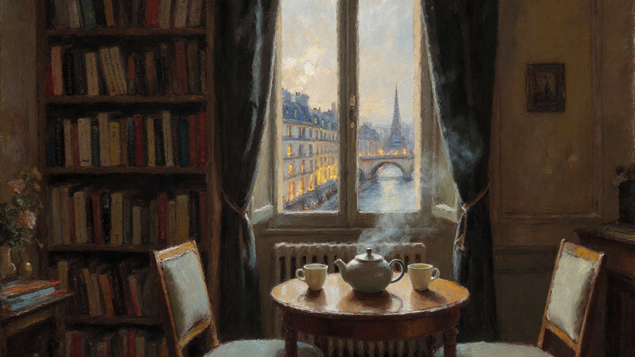 A cozy apartment interior with a bookshelf, teapot, and two chairs, glowing warmly by a window overlooking the city.