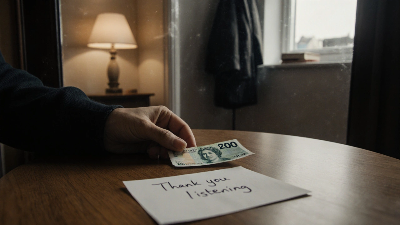 A £200 banknote and handwritten note rest on a wooden table, with a blurred reflection showing a peaceful, respectful space.
