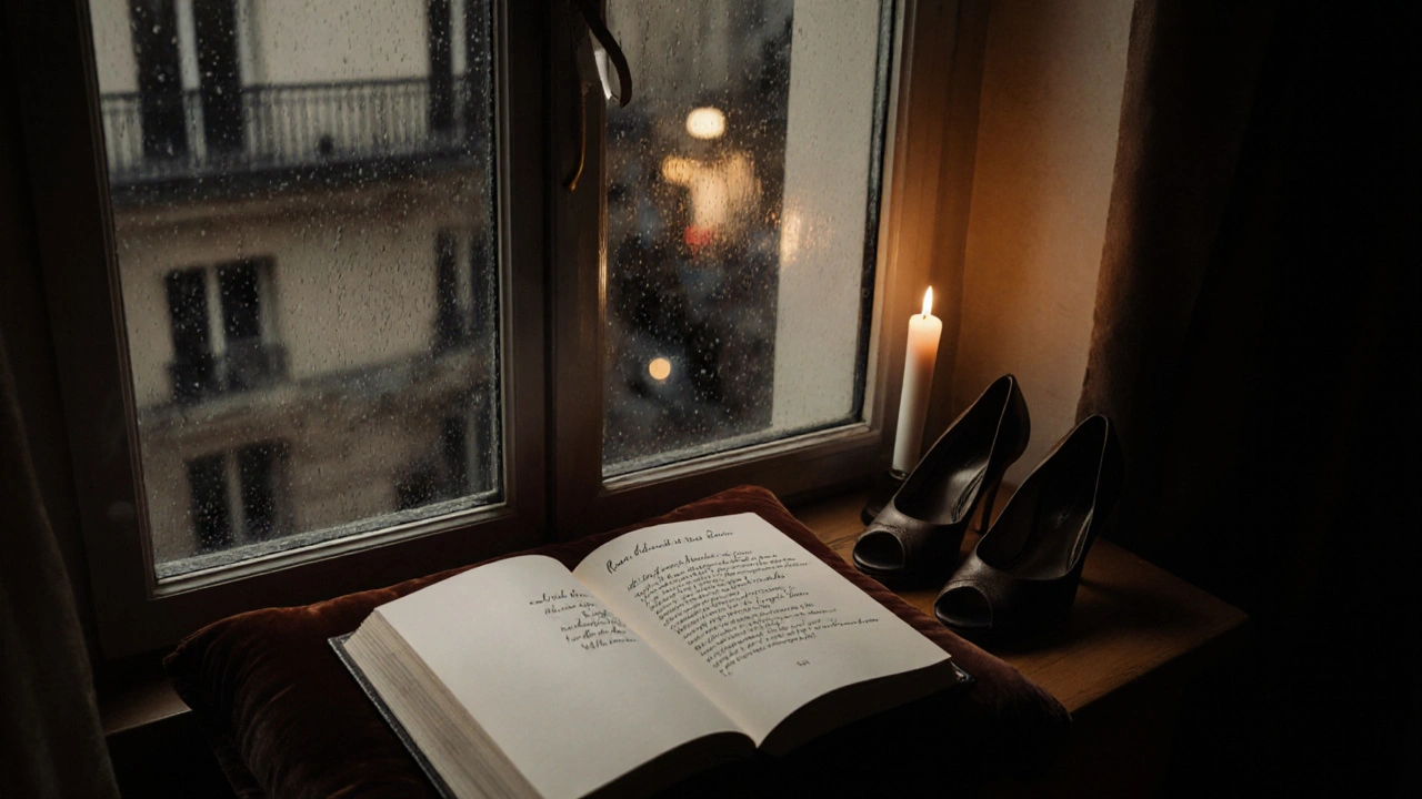 A handwritten note and open book of poetry on velvet beside a flickering candle in a rain-streaked Paris apartment window.
